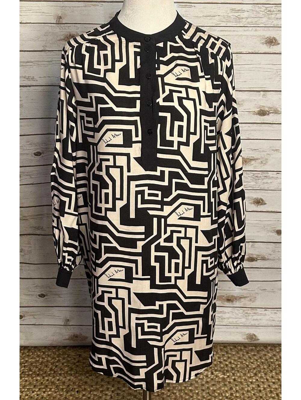 Richard Allen x H&M black cream maze print long sleeve tunic dress Size 8 mod